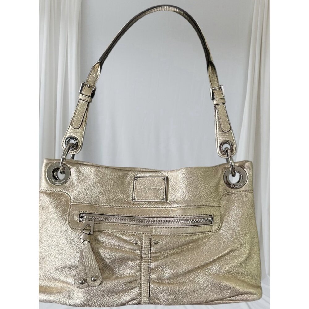 B. Makowsky Metallic Gold Leather Purse Hobo Satchel Tote Shoulder Bag